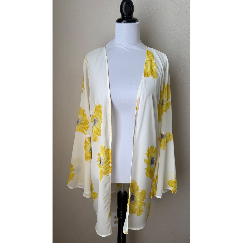 Altard State Sunflower Kimono Wrap Bell Sleeve Floral Sheer Cream Yellow M